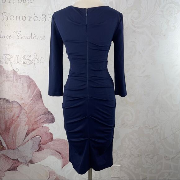 Nicole Miller Studio Navy Blue Sheath Ruched Knit Dress Size Small - Picture 8 of 14